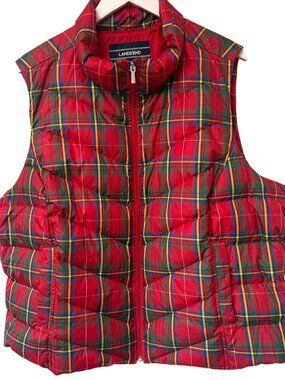 LANDS END Plaid Quilted Vest Womens Plus Size 3X Red Plaid Down Feather Puffer